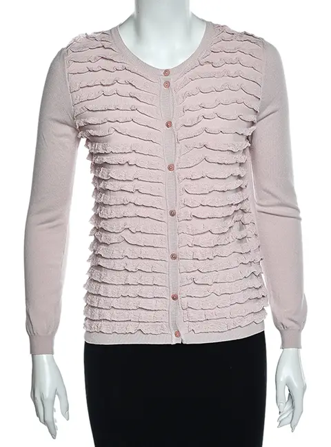 RED Valentino Pink Knit Ruffle Trimmed Button Front Fitted Cardigan L
