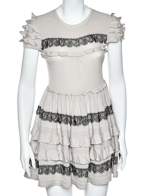 RED Valentino Beige Wool Lace Trim Ruffled Mini Dress M