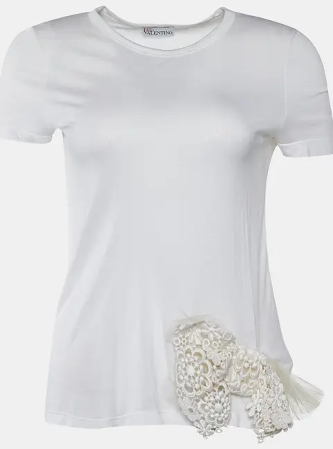 RED Valentino White Modal Lace Bow Detail Crew Neck Top S
