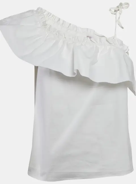 RED Valentino White Ruffled One-Shoulder Tie-Up Detail Top L