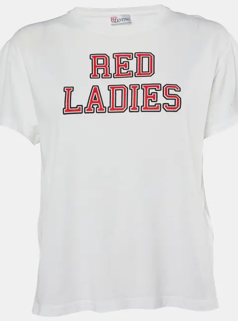 RED Valentino White Red Ladies Cotton Distressed T-Shirt S