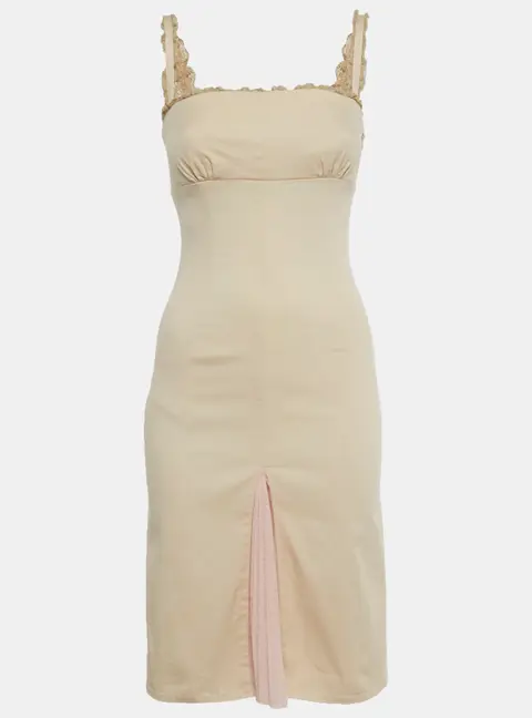 RED Valentino Beige Cotton Plisses Detail Sleeveless Midi Dress S
