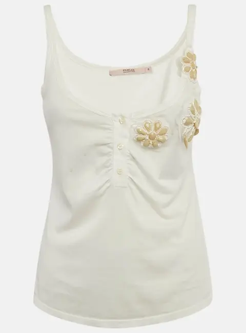 RED Valentino White Cotton Knit Embellished Detail Tank Top S