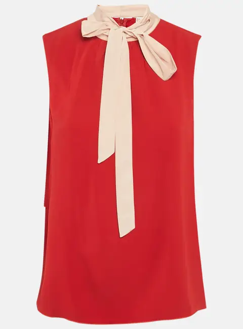RED Valentino Red Crepe Contrast Neck Tie Detail Sleeveless Top M