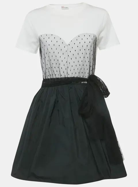 RED Valentino White/Black Plumetis Trim Jersey and Crepe Mini Dress S