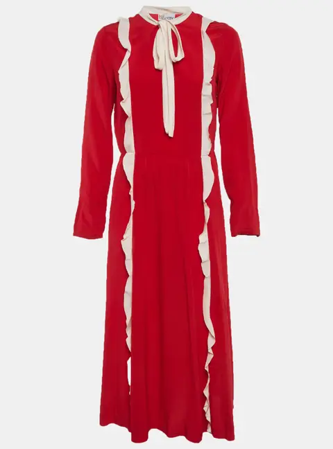 RED Valentino Red/Off White Crepe Ruffle Midi Dress M
