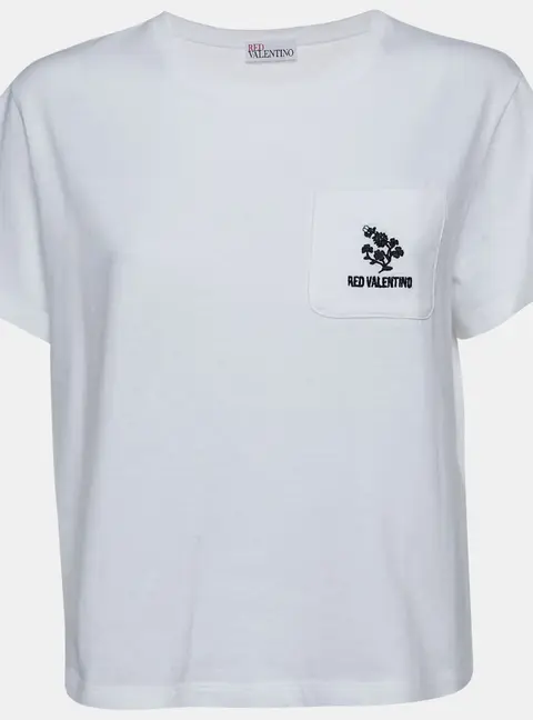 RED Valentino White Logo Embroidered Jersey Crewneck T-Shirt M