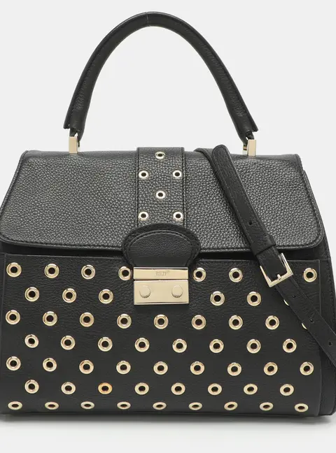 RED Valentino Eyelet Embellished Black Leather Top Handle Bag