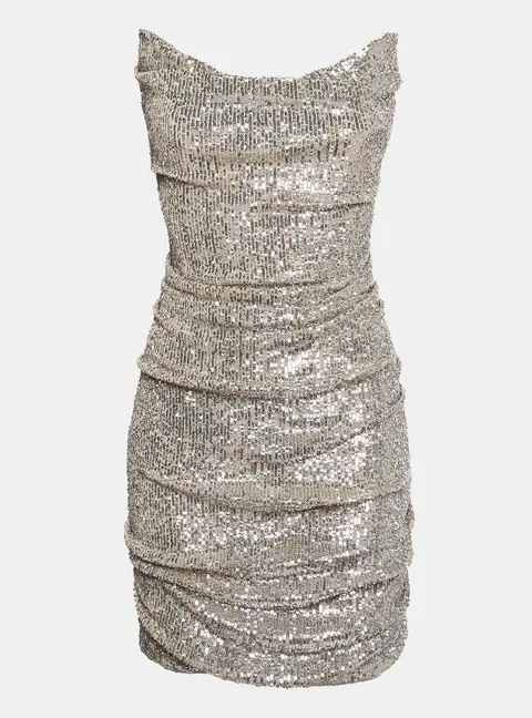 Reem Acra Silver Sequin Ruche Strapless Mini Dress L