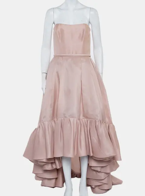 Reem Acra Pink Silk Ruffled Asymmetric Hem Strapless Gown M