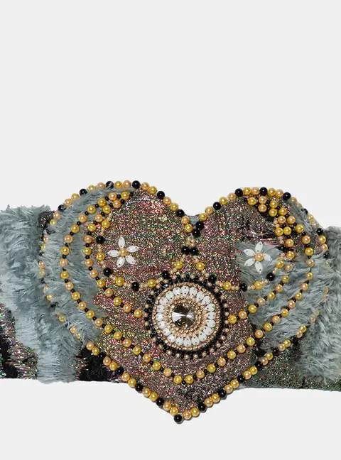Reem Acra Multicolor Lurex Jacquard & Faux Fur Beaded Heart Detail Waist Belt M