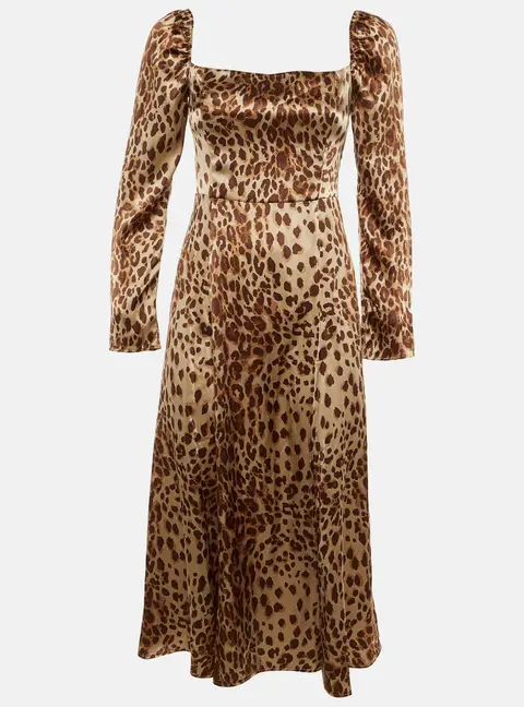 Reformation Brown Animal Print Silk Slit Midi Dress M