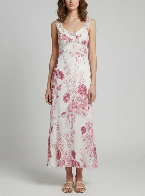 Reformation White Floral Print Crepe Purdie Midi Dress S