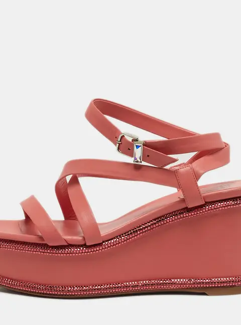 Ren&eacute; Caovilla Size 37 Pink Leather Wedge Sandals