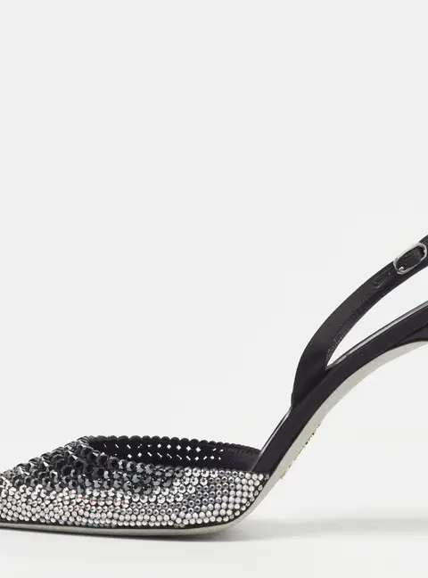 Ren&eacute; Caovilla Jackie Size 42 Black/Silver Satin Crystal Embellished Slingback Pumps