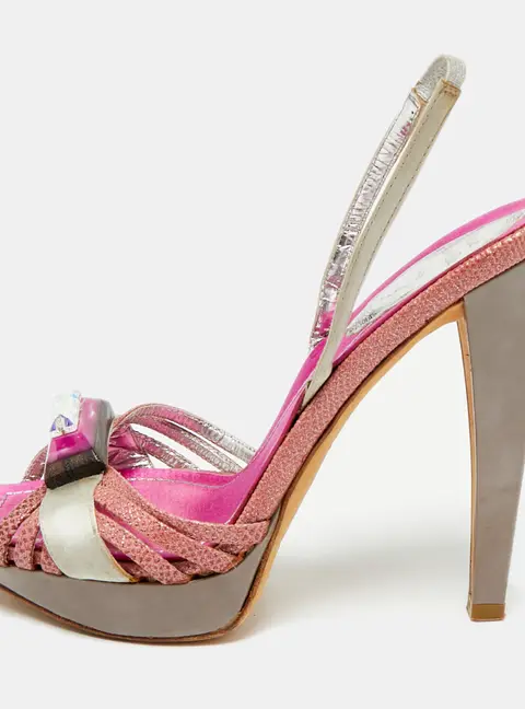 Ren&eacute; Caovilla Two Tone Satin and karung Crystal Embellished Slingback Sandals Size 36