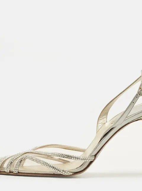 Ren&eacute; Caovilla Size 36 Transparent/Silver Leather and PVC Crystal Embellished Slingback Pumps