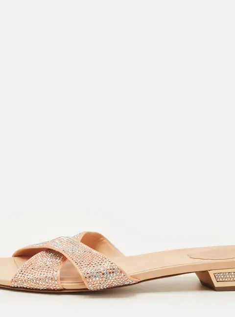Ren&eacute; Caovilla Size 41 Beige Satin Crystal Embellished Flat Sandals