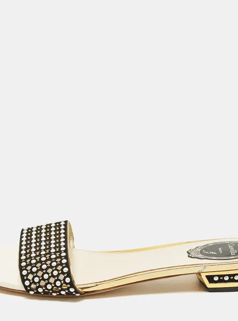 Ren&eacute; Caovilla Size 41 Black/Gold Leather and Suede Crystal Embellished Flat Slides