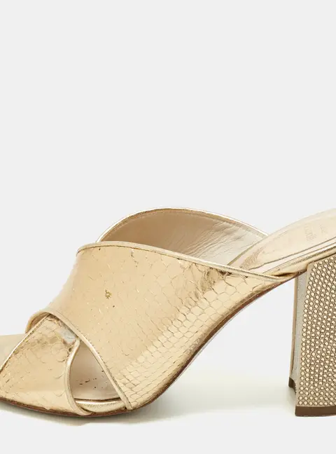 Ren&eacute; Caovilla Gold Python Crisscross Slide Sandals Size 38.5