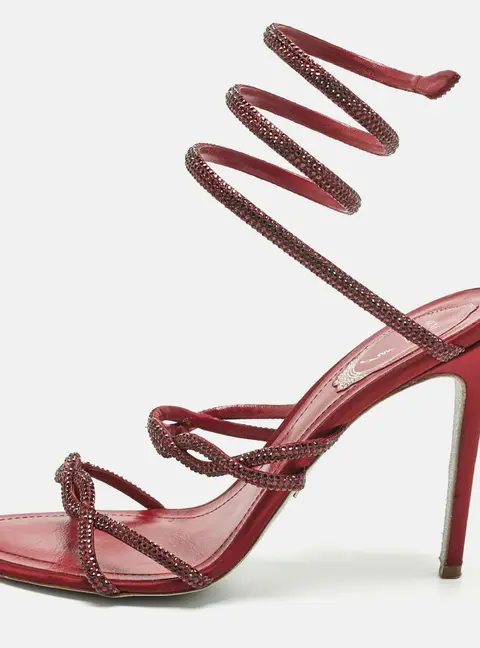 Ren&eacute; Caovilla Burgundy Satin Cleo Ankle Strap Sandals Size 39