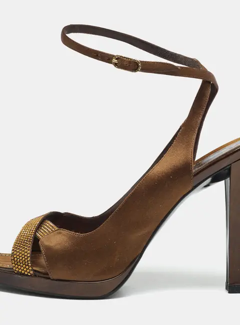 Ren&eacute; Caovilla Size 38 Brown/Gold Satin Crystal Embellished Ankle Strap Sandals