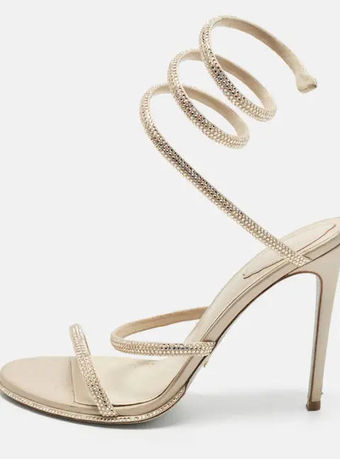 Ren&eacute; Caovilla Cleo Size 40 Beige Leather and Satin Crystal Embellished Ankle Wrap Sandals