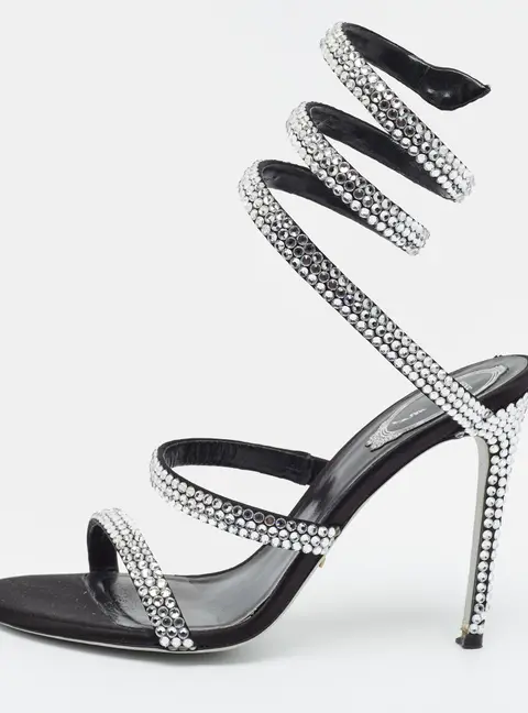 Ren&eacute; Caovilla Cleo Size 39 Black Satin Ankle Strap Sandals