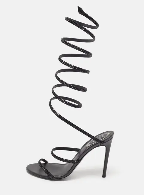 René Caovilla Cleo Size 37 Black Crystal Fabric Embellished Spiraled Ankle Wrap Sandals