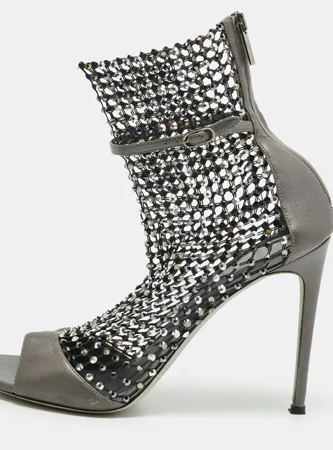 Ren&eacute; Caovilla Galaxia Size 41 Grey Lace and Leather Ankle Strap Sandals