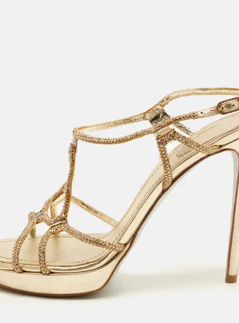 Ren&eacute; Caovilla Size 41 Gold Leather and Satin Crystal Embellished Ankle Strap Sandals