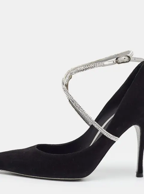 Ren&eacute; Caovilla twista Size 36.5 Black Suede Crystal Embellished Ankle Wrap Pumps