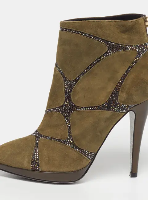 Ren&eacute; Caovilla Size 37.5 Green Suede Crystal Embellished Ankle Length Boots