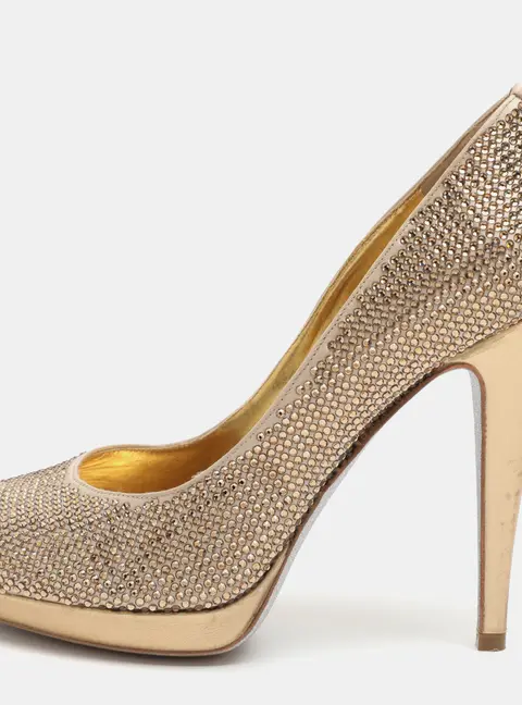 Ren&eacute; Caovilla Size 40 Gold Crystals and Satin Peep Toe Pumps