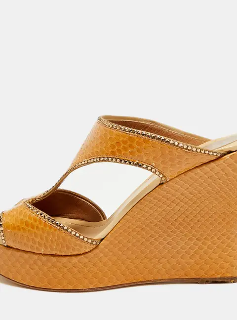 Ren&eacute; Caovilla Size 38 Beige Python Leather Crystal Embellished Wedge Sandals