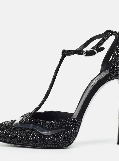 Ren&eacute; Caovilla Size 38 Black PVC and Suede Crystal Embellished T-Strap Pumps
