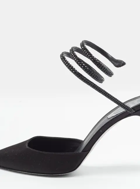 Ren&eacute; Caovilla Cleo Size 40 Black Satin Crystal Embellished Ankle Wrap Pumps