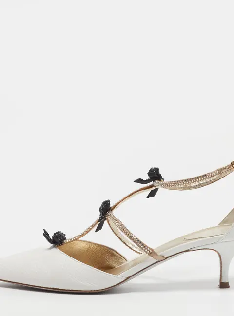 Ren&eacute; Caovilla Caterina Size 41.5 White Leather and Satin Bow Crystal Embellished Pumps