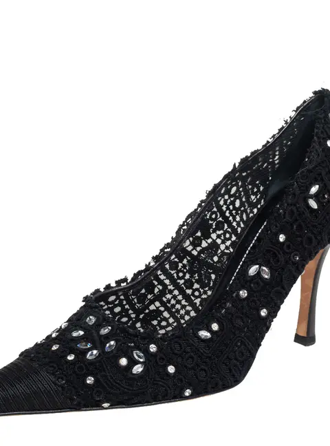Ren&eacute; Caovilla Black Lace And Canvas Crystal Embellished Pumps Size 40