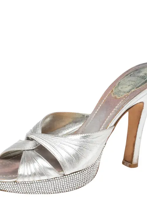 Rene Caovilla Metallic Silver Leather Slide Sandals Size 37.5