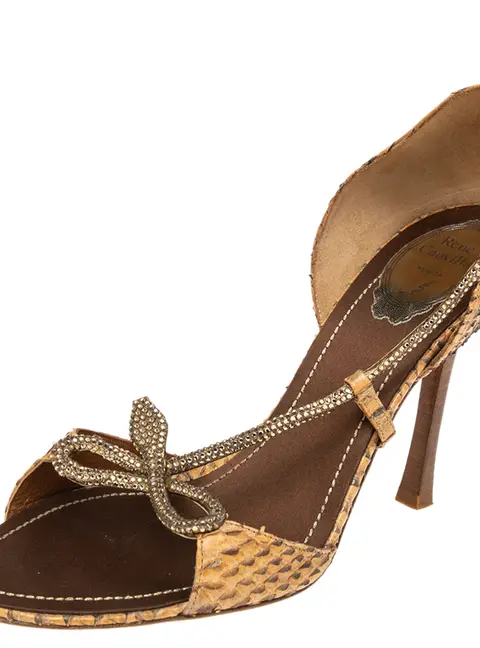 Ren&eacute; Caovilla Beige Python Leather Crystal Embellished Sandals Size 40.5