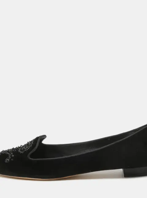 Ren&eacute; Caovilla Black Velvet Crystal Embellished Slip On Smoking Slippers Size 41