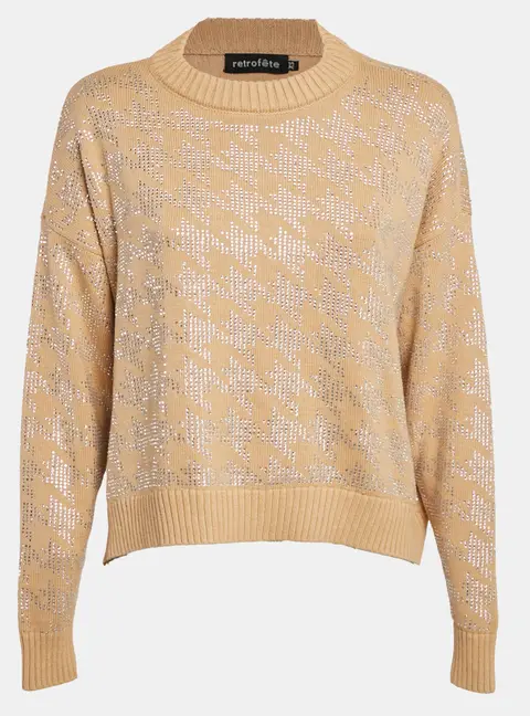 Retrofete Beige Rhinestone Embellished Rib Knit Mal Sweater XS