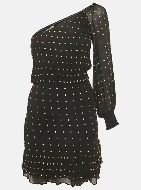 Retrofete Black Sequin Embellished Silk One Shoulder Mini Dress XS