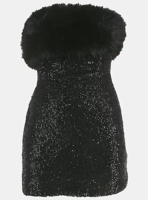 Retrofete Sequins Faux Fur Detail Strapless Mini Dress XS