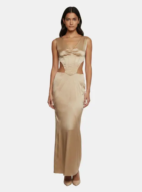 Retrofete Gold Satin Waist Cut-Out Long Dress XS