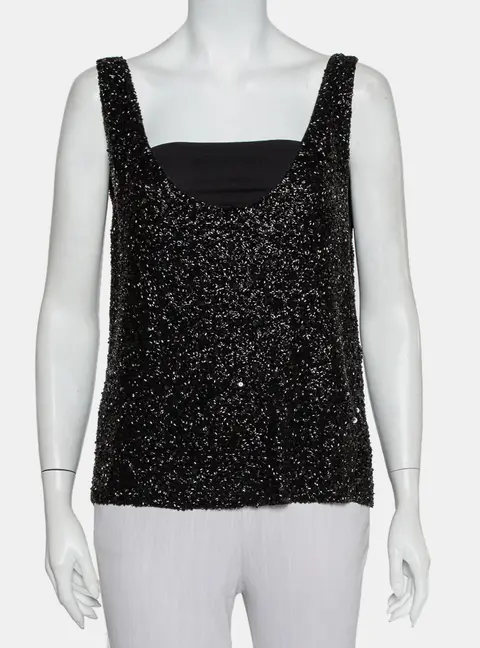 Retrofete Black Sequin & Bead Embellished Synthetic Tank Top L