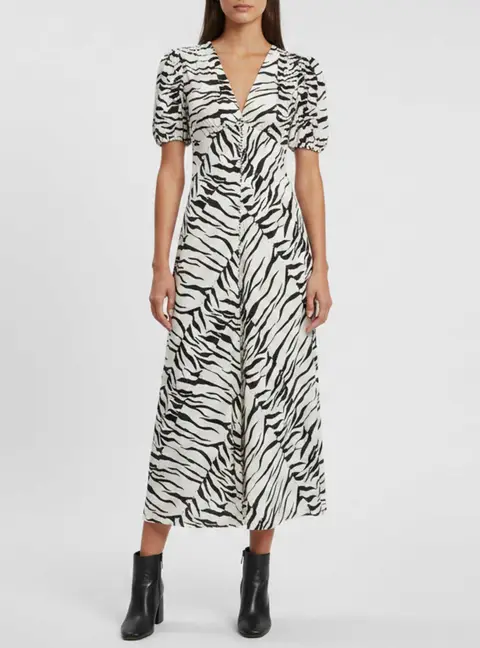 Rixo White/Black Crepe Tiger Print Tonya Midi Dress S