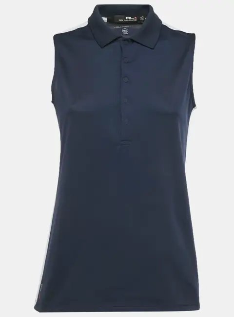 RLX by Ralph Lauren Navy Blue Striped Logo Print Jersey Sleeveless Tailored Fit Top M