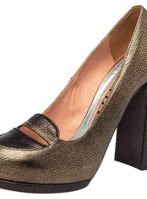 Rochas Metallic Bronze/Brown Leather Block Heel Loafer Pumps Size 39